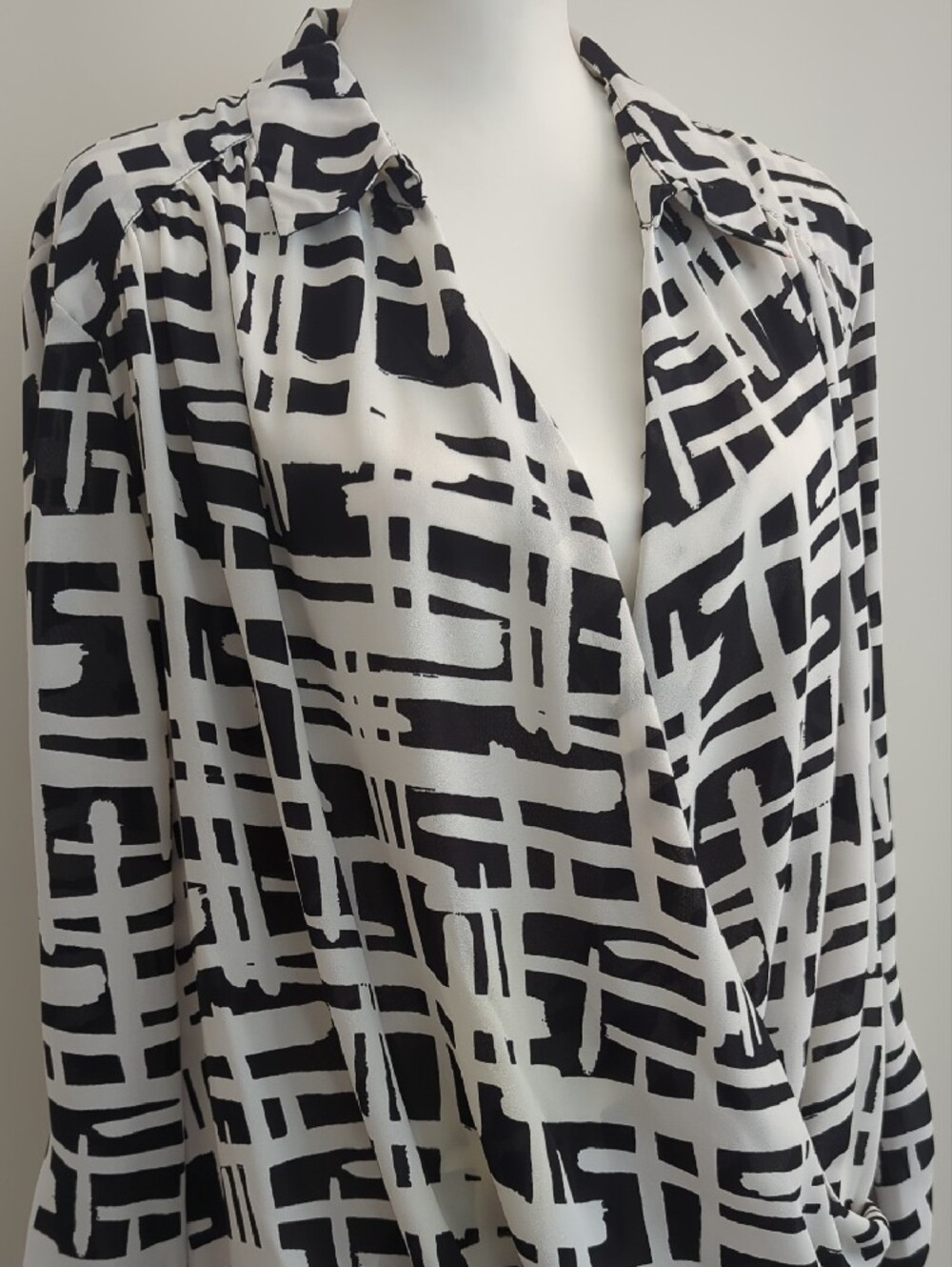 INC International Concepts Black and White Graphic Wrap Blouse